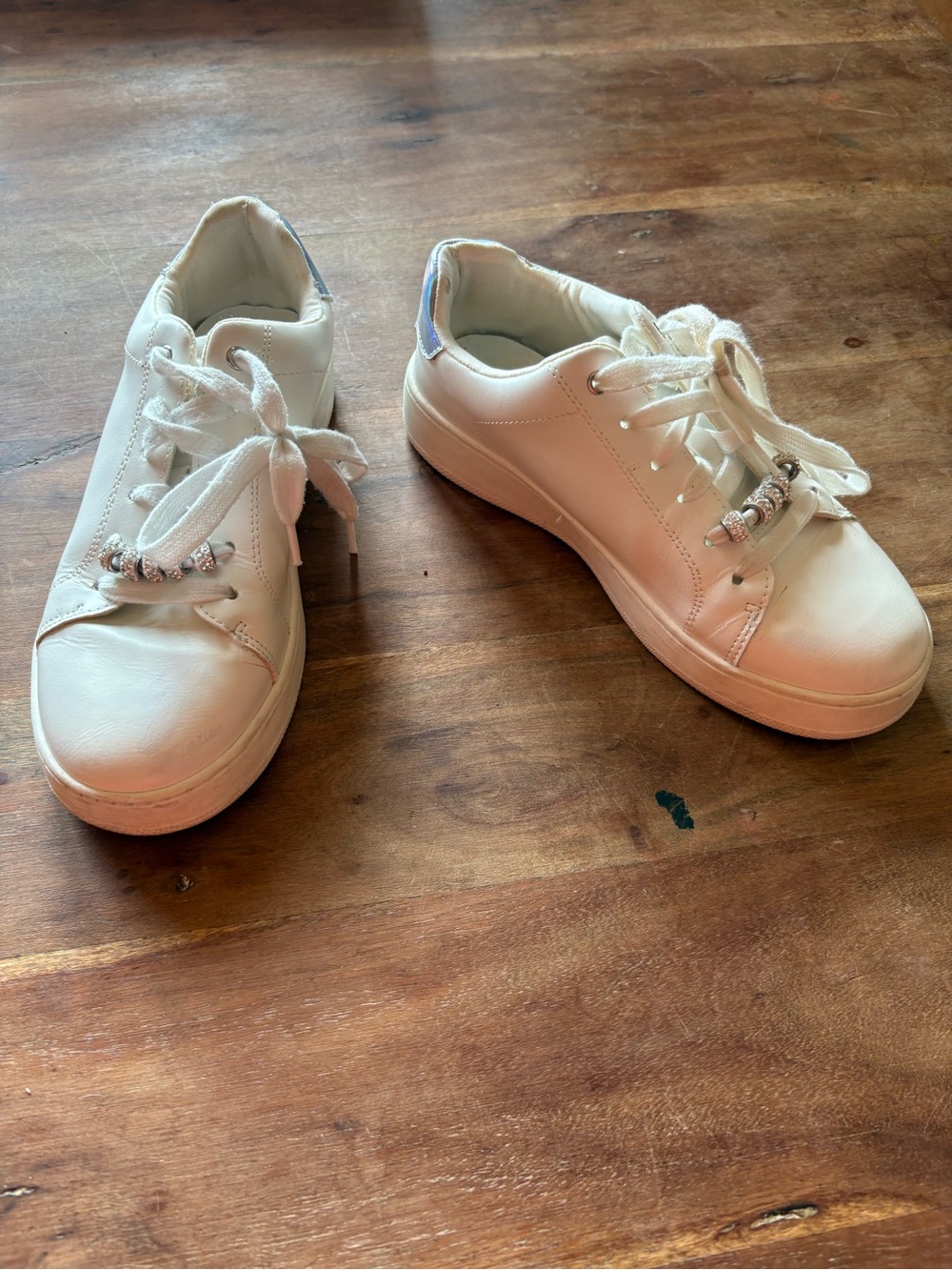 White Lace-Up Casual Sneakers with Silver Bead Accents